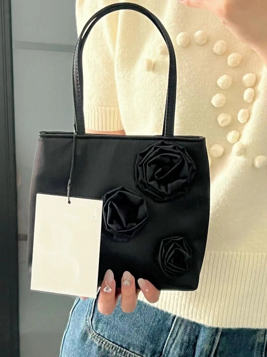 2024 Black Satin Rose One-Shoulder Handbag for Women