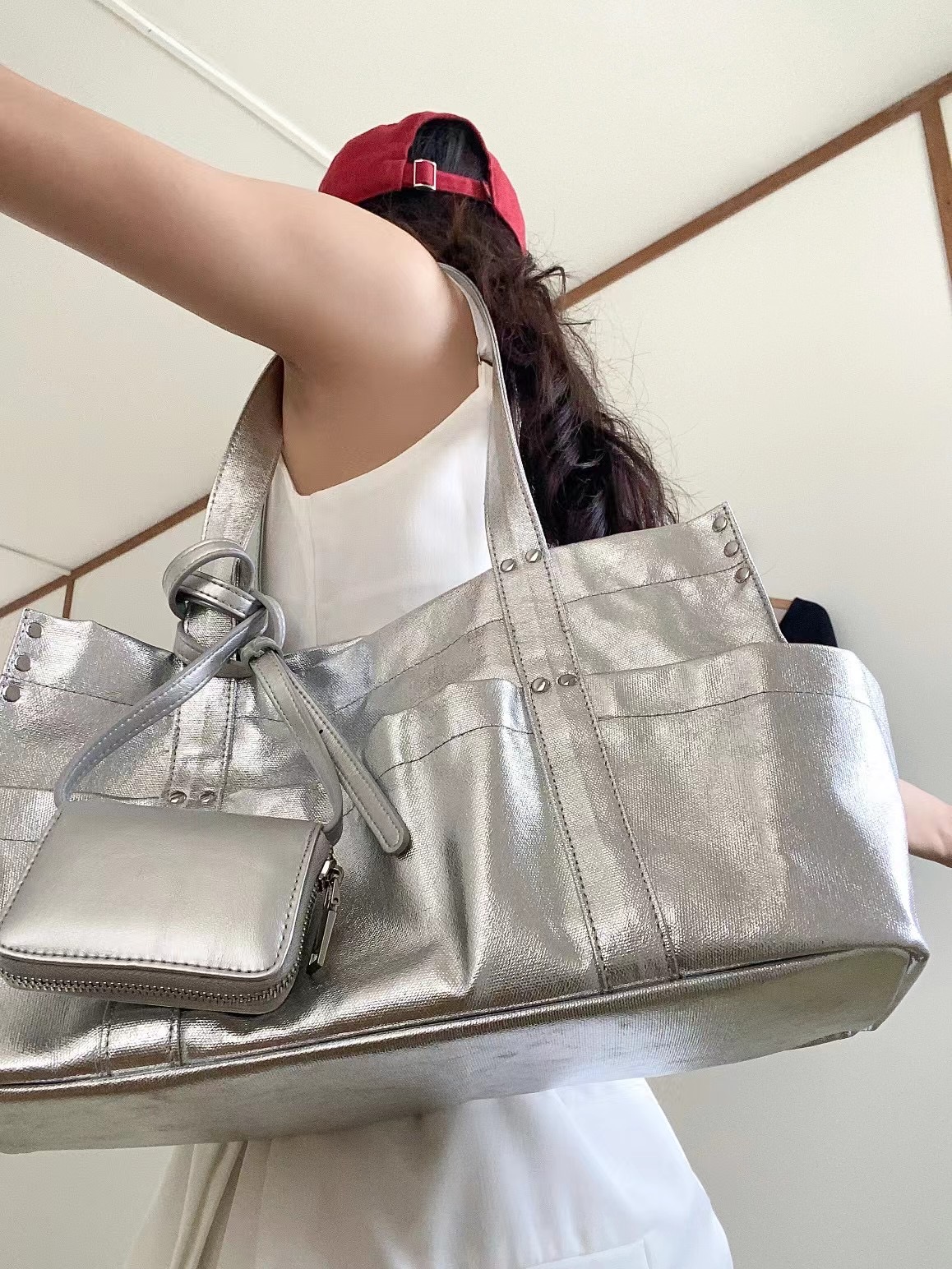 BREATHE Shiny Silver Multi-Pocket Large Tote Bag