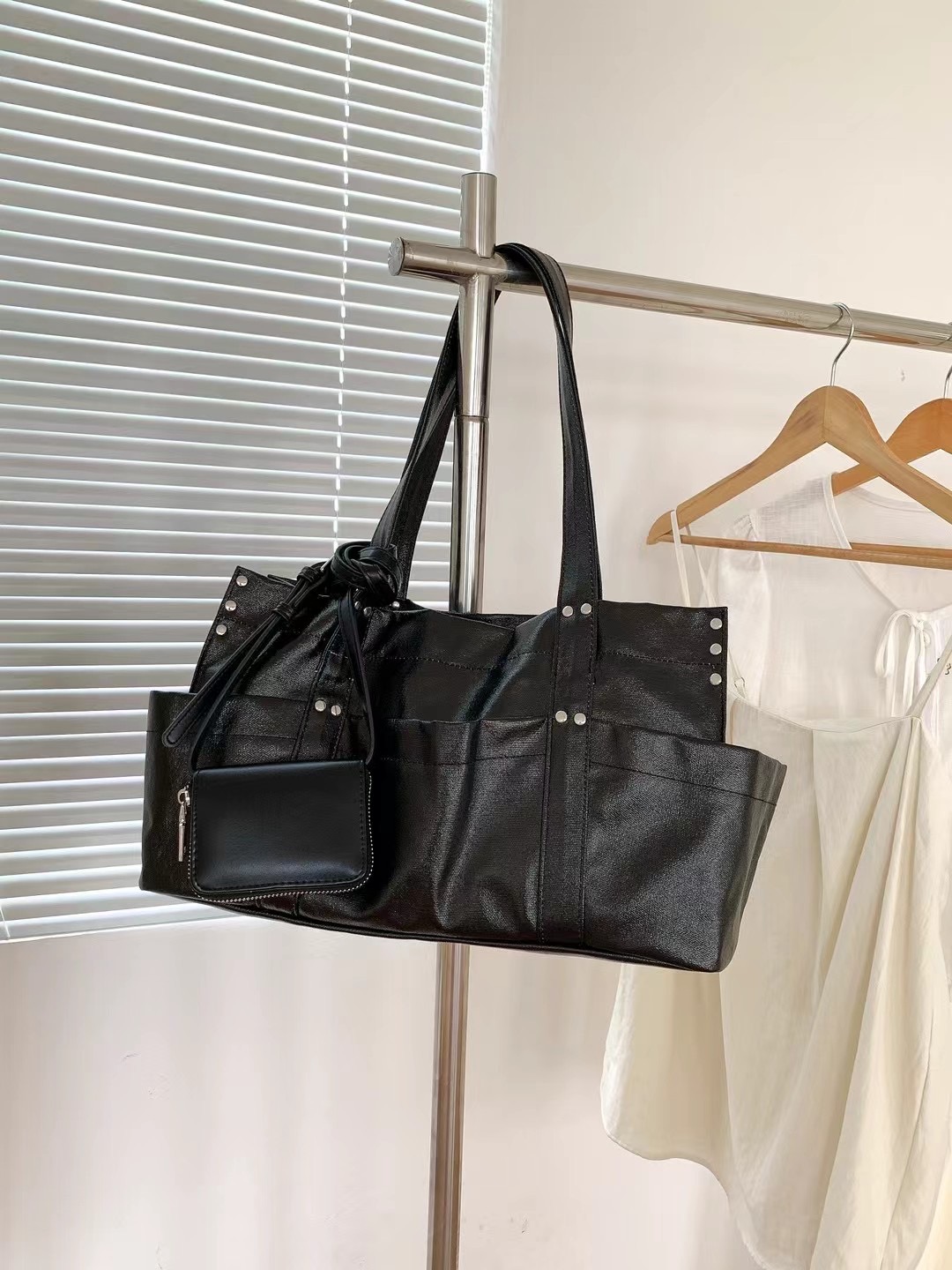 BREATHE Shiny Silver Multi-Pocket Large Tote Bag