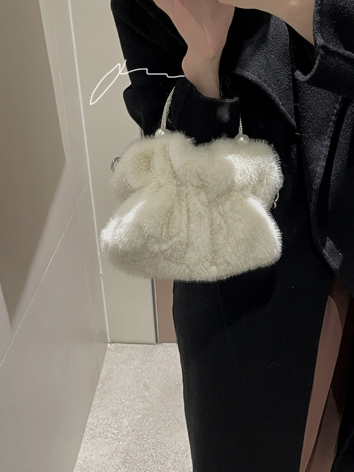 Pearl Handle Plush Handbag Crossbody Bag for Women - Image 3