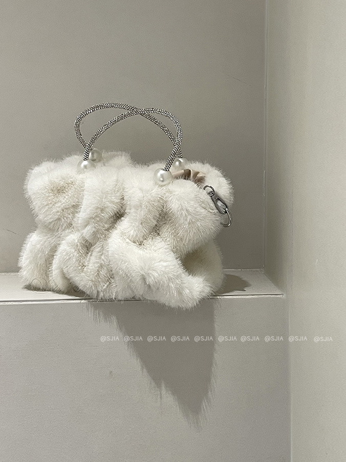 Pearl Handle Plush Handbag Crossbody Bag for Women