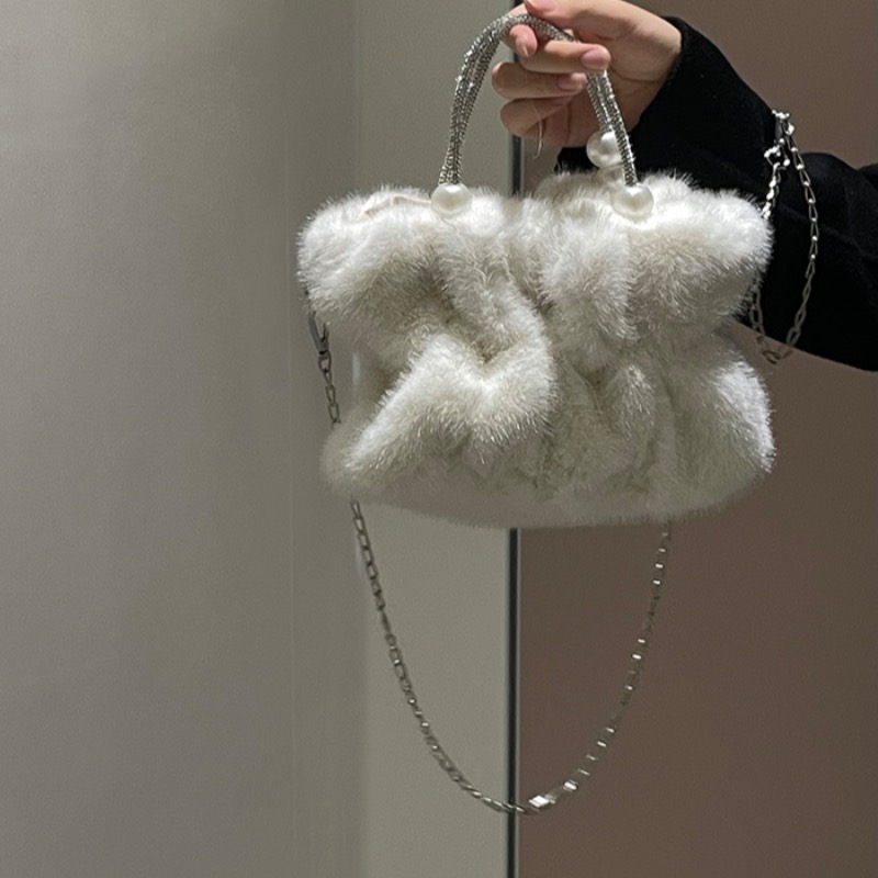Pearl Handle Plush Handbag Crossbody Bag for Women - Image 5