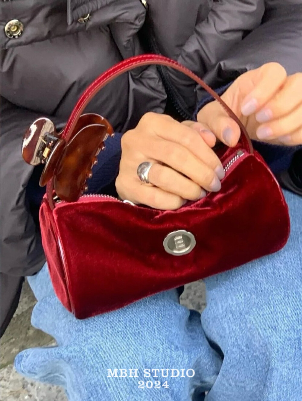 MBH Velvet French Vintage Handbag with Small Pouch for Christmas Party