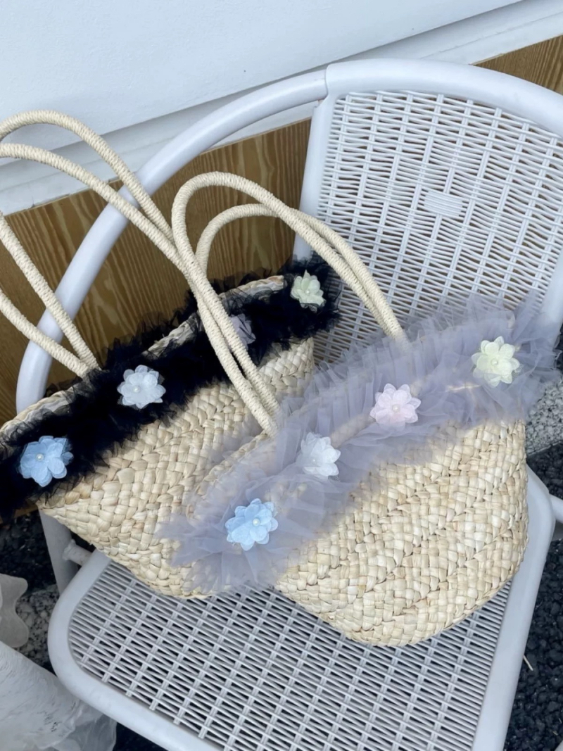 Japanese Style Lace Flower Straw Woven Bag Handmade Beach Resort Women Shoulder Handbag Tote