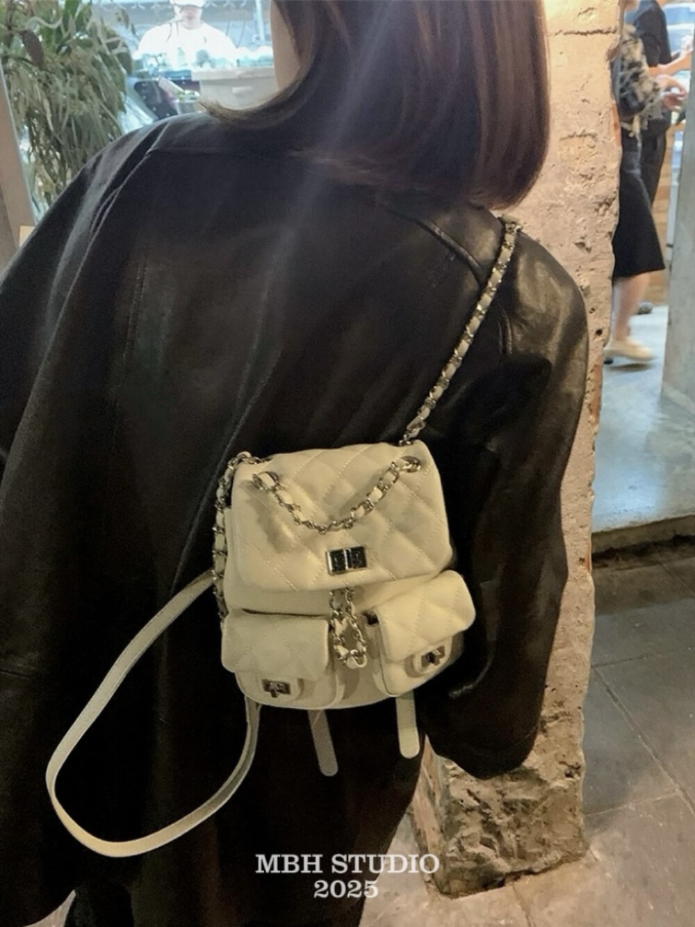 MBH Quilted Caviar Leather Chain Backpack White Black