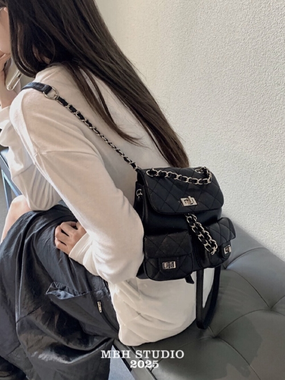 MBH Quilted Caviar Leather Chain Backpack White Black