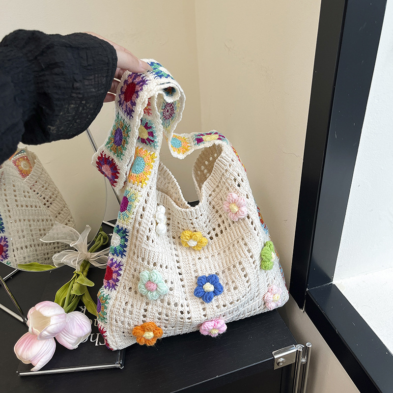 Fresh Colorful Floral Crossbody Bag for Women 2025 Woven Shoulder Bag Vacation Large Capacity Commuter Tote