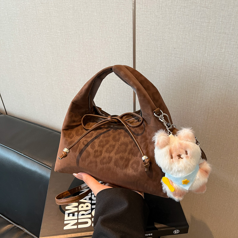 Korean Retro Style Handbag Women 2025 Autumn Leopard Bow Crossbody Dumpling Bag