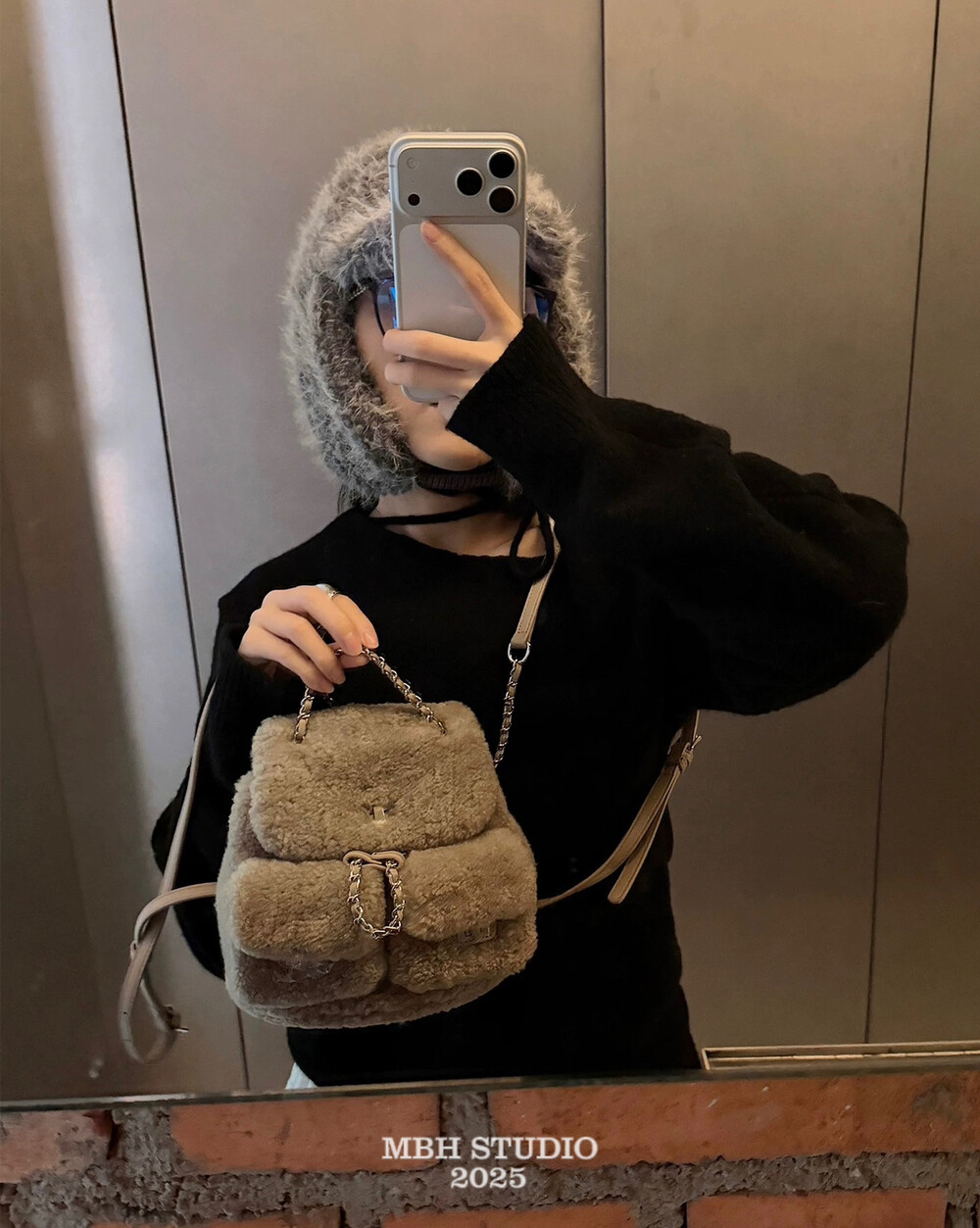 MBH Faux Fur Chain Frog Backpack Cute Quilted Style 90 Percent Lambswool