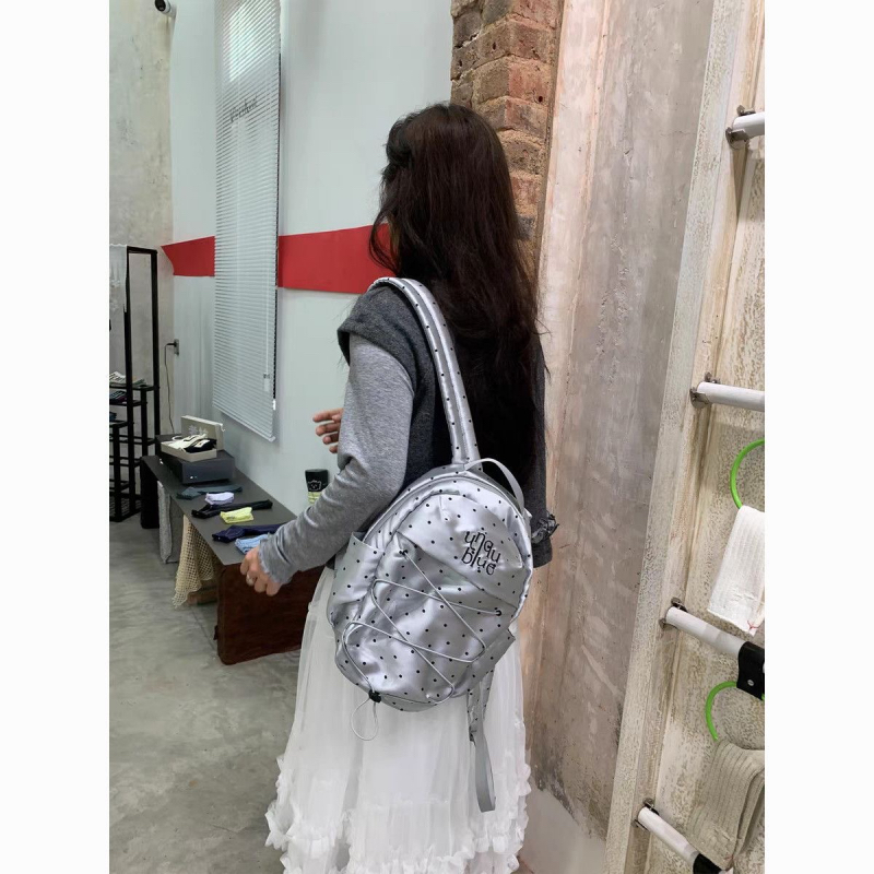 Sweet Y2K Silver Polka Dot Drawstring Backpack for Women and Men